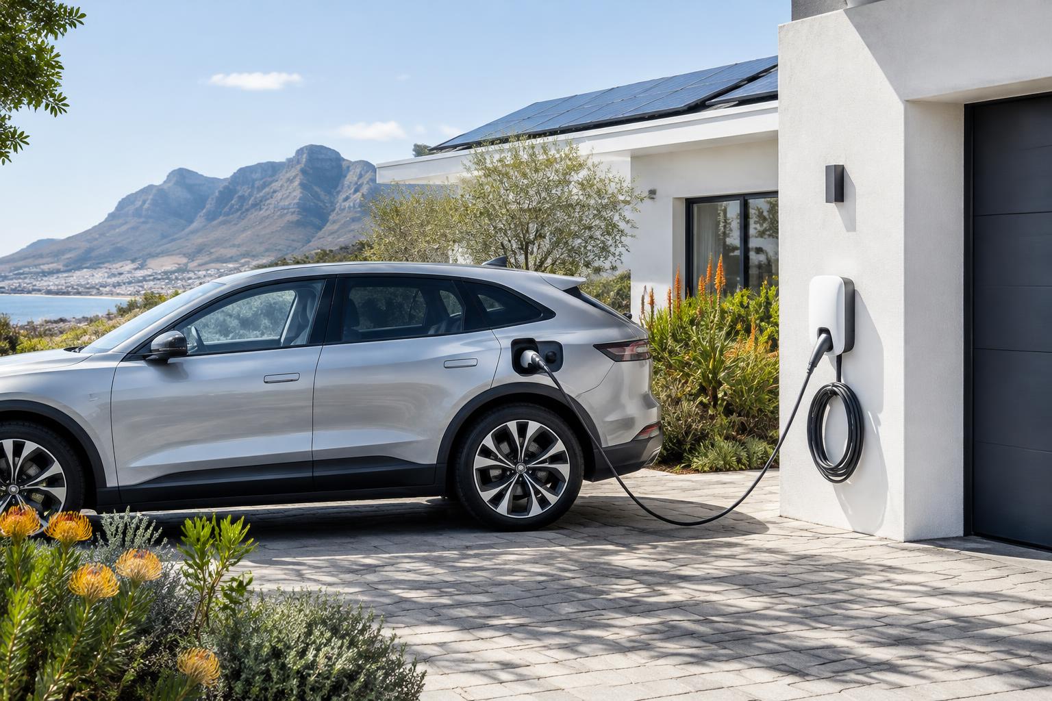 Illustrative electric car connected to a home EV charger beside rooftop solar panels