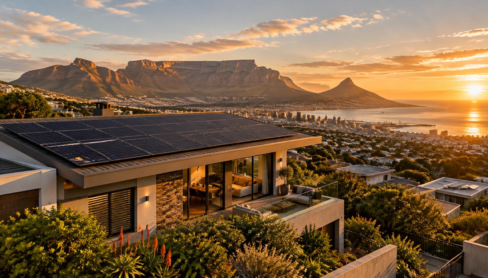 Cape Town home with solar panels and Table Mountain